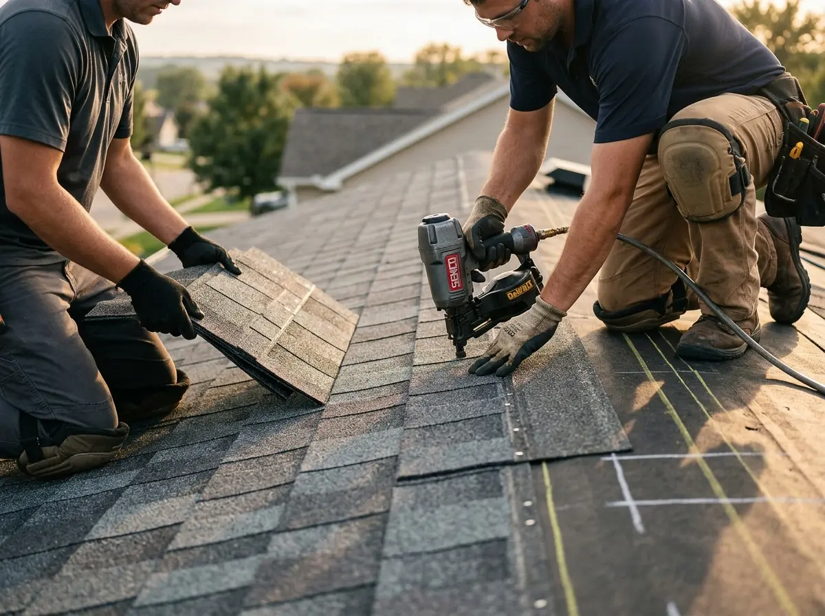 Professional roofer working on a residential roof in Moyock